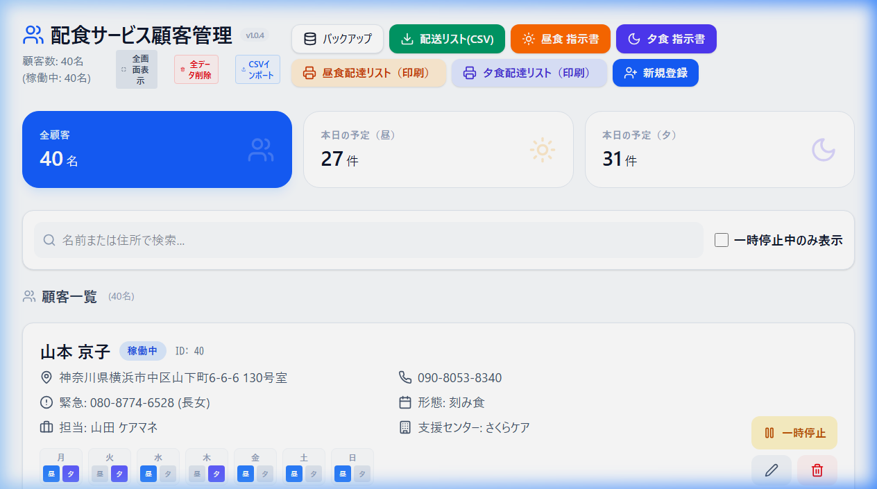 配食管理システムのダッシュボード画面